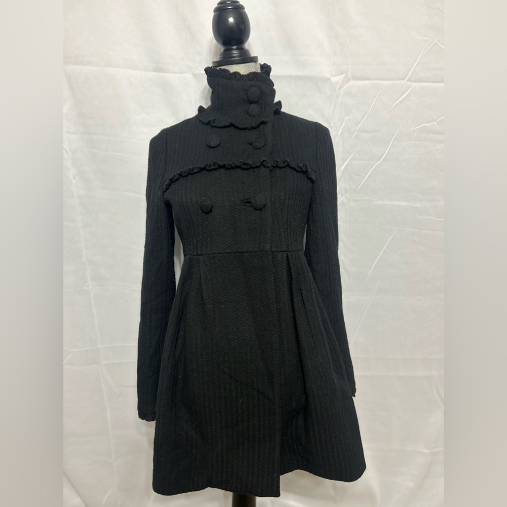 Steve Madden VTG Women's Ruffled Black Wool Pea Coat w/ Purple Silk Lining Sz S